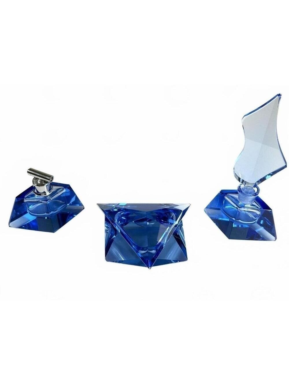 Art Deco Czech Blue Glass 3Piece Vanity Set Perfume Atomizer Inkwell Trinket Box